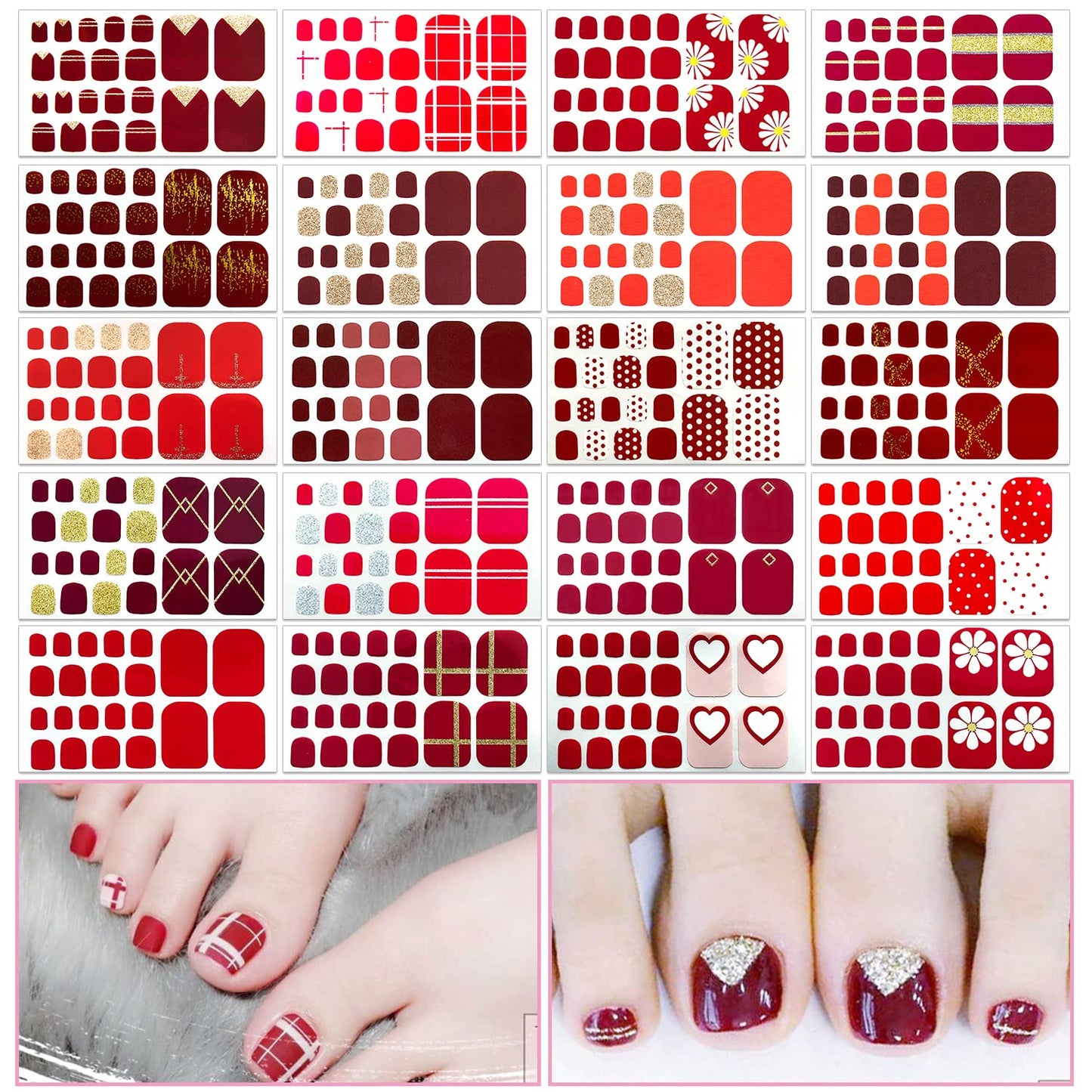SILPECWEE 20 Sheets Red Toe Nail Stickers Full Nail Wraps for Women Toenail Polish Strips Self Adhesive Nail Polish Stickers for Toes Nail Art Gel Toenails Manicure Sticker with 1pc Nail File