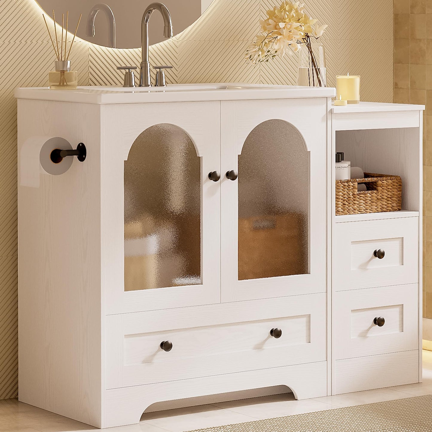 IRONCK 42 Inch Bathroom Vanity with Sink Set, Bathroom Cabinet Vanity with 2 Visual Buffer Gate, Pedestal Sink Storage Cabinet with 3 Drawers, Open Cubby, Swap Sides Design, White
