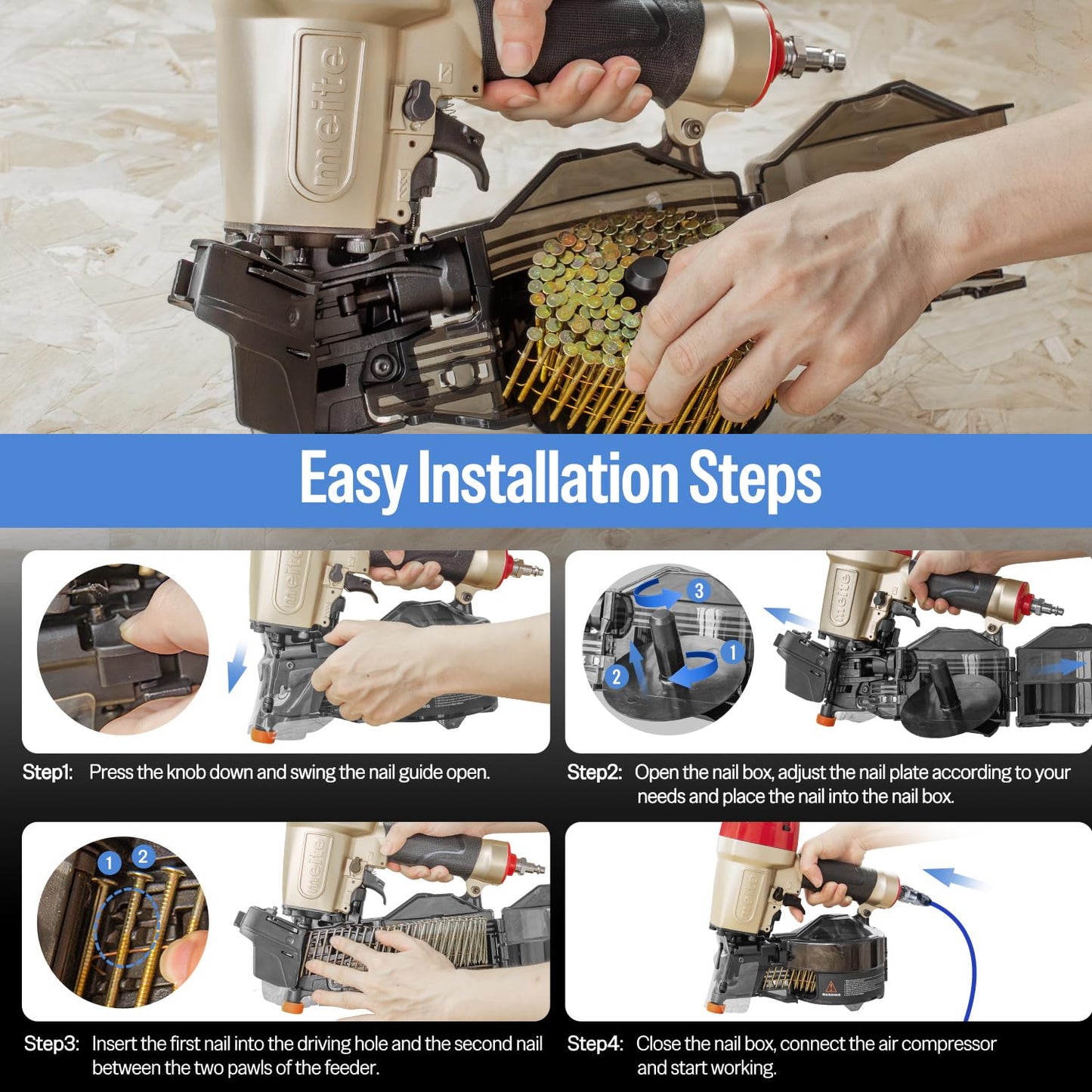 meite CN65S Coil Siding Nailer - Pneumatic Nail Gun with 360° Exhaust & Safety Lock, Professional Air Coil Nailer Lightweight Fencing & Decking Tools, Accepts 15 Degree 1-1/2'' to 2-1/2'' Coil Nails