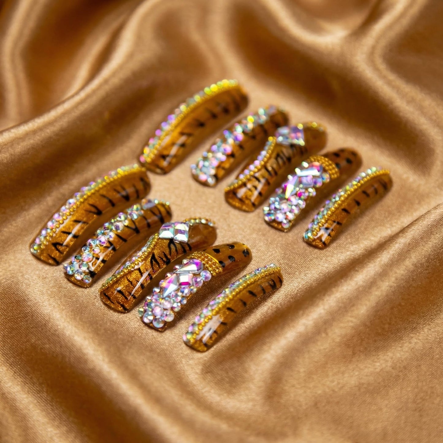 IntoVibes Leopard Cat Eye Rhinestone Press On Nails Handmade Curved Down Groove Design, Gold Metallic Long Nails with 3D AB Crystals, Heavy Detail Luxury Fake Nail Tips, Square Acrylic Nails (M)