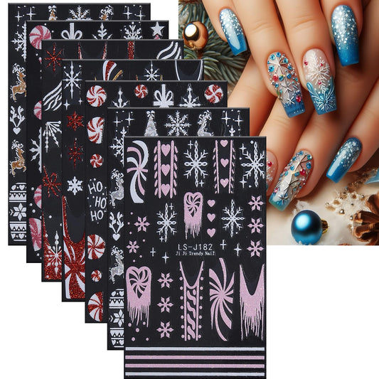 Christmas Nail Art Stickers Winter Glitter Bow Snowflake Cute Elk Xmas Nail Stickers 3D Self -Adhesive Christmas Trees Light Ball Festival Decals Holographic Xmas Decoration for Women DIY Manicure