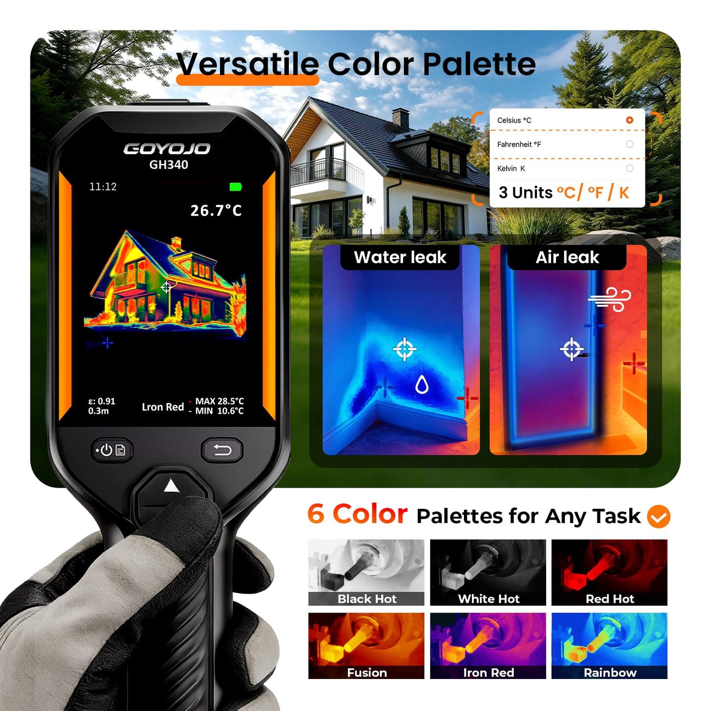 GH340 Thermal Imaging Camera 640x480 Super Resolution, Dual-Camera with 2MP Visual Camera, 256x192 IR Resolution Handheld Thermal Camera for Home Inspection, HVAC Electrical Water Leak Break Detection