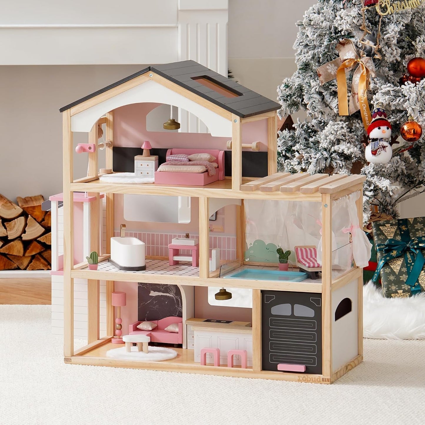 ROBUD Doll House, Wooden Dollhouse with 6 Rooms, 29-pcs Furniture Set, Working Elevator, Garage, Swimming Pool, Ideal Gift for Kids Ages 3+ (Black)