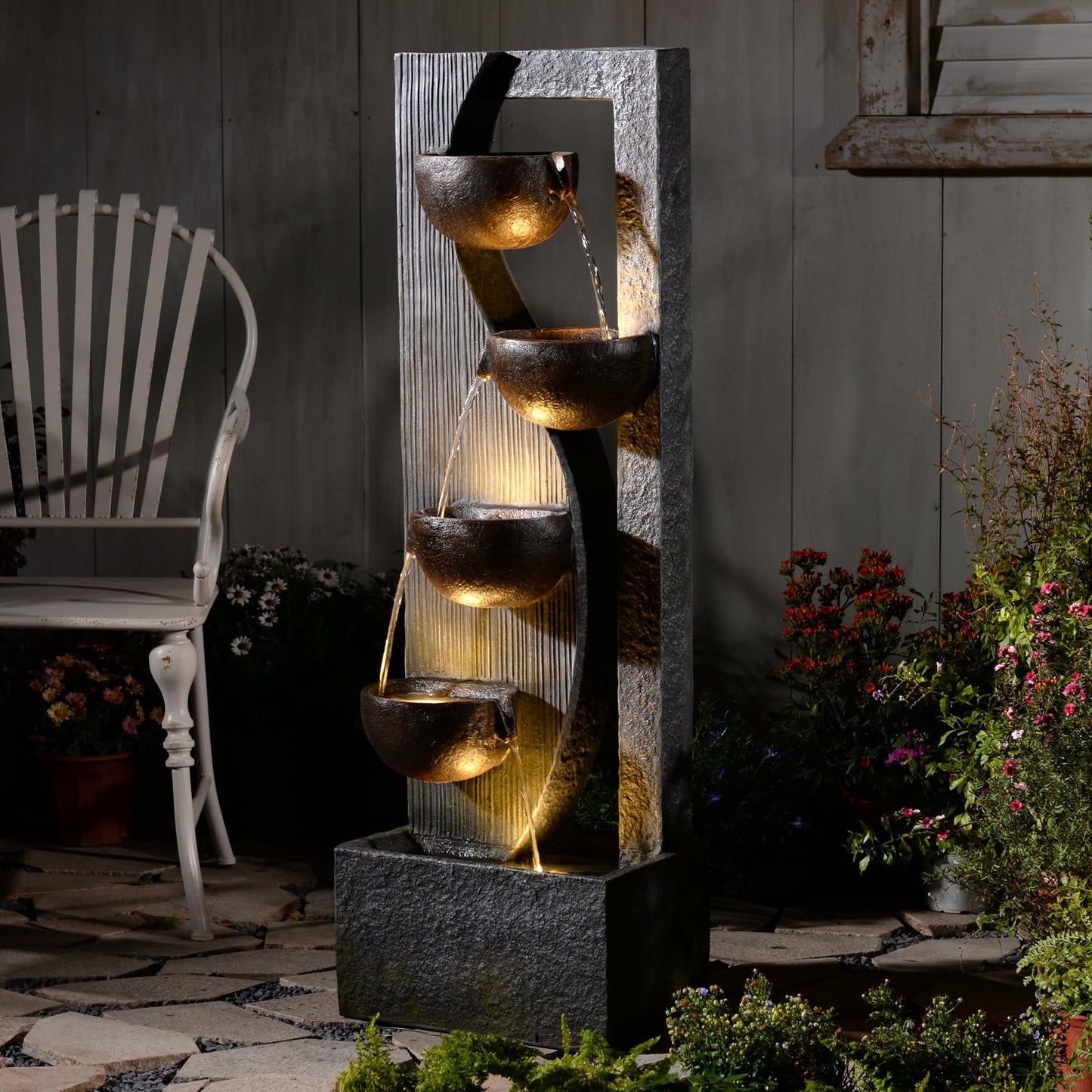 GardesT 5-Tier Cascading Outdoor Fountain with LED Lights, 49.2" Tall Resin Waterfall Fountain for Garden, Patio, Backyard - Freestanding Water Feature