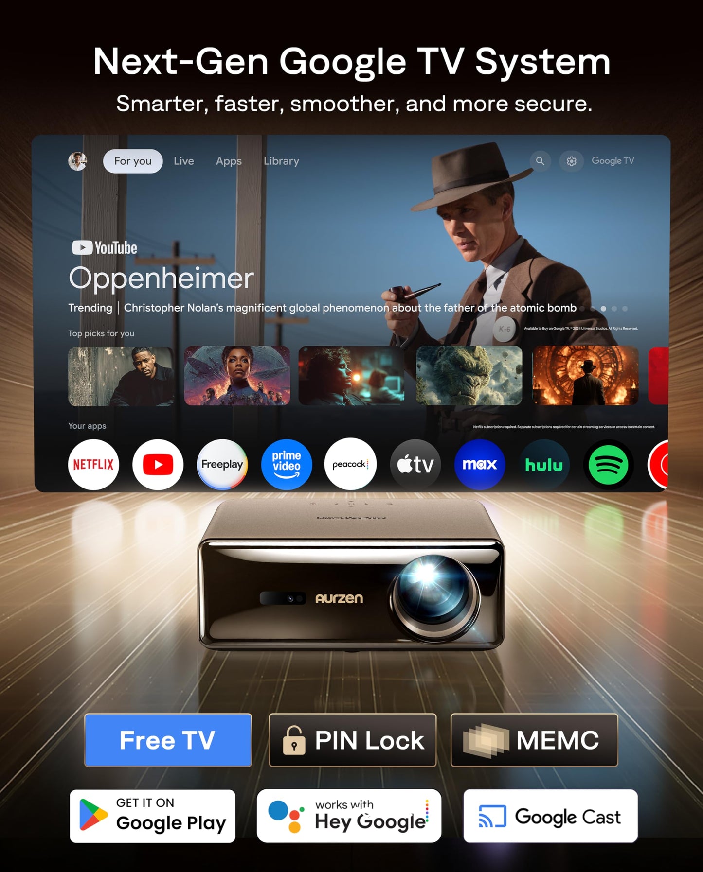 Aurzen EAZZE D1 MAX Upgraded Google TV Smart Projector 4K Supported, Ultra-Bright 1000 ANSI Lumens, MEMC Tech, Fully Automatics, 20W DoIby Audio, Home Theater Movie Projector with WiFi and Bluetooth