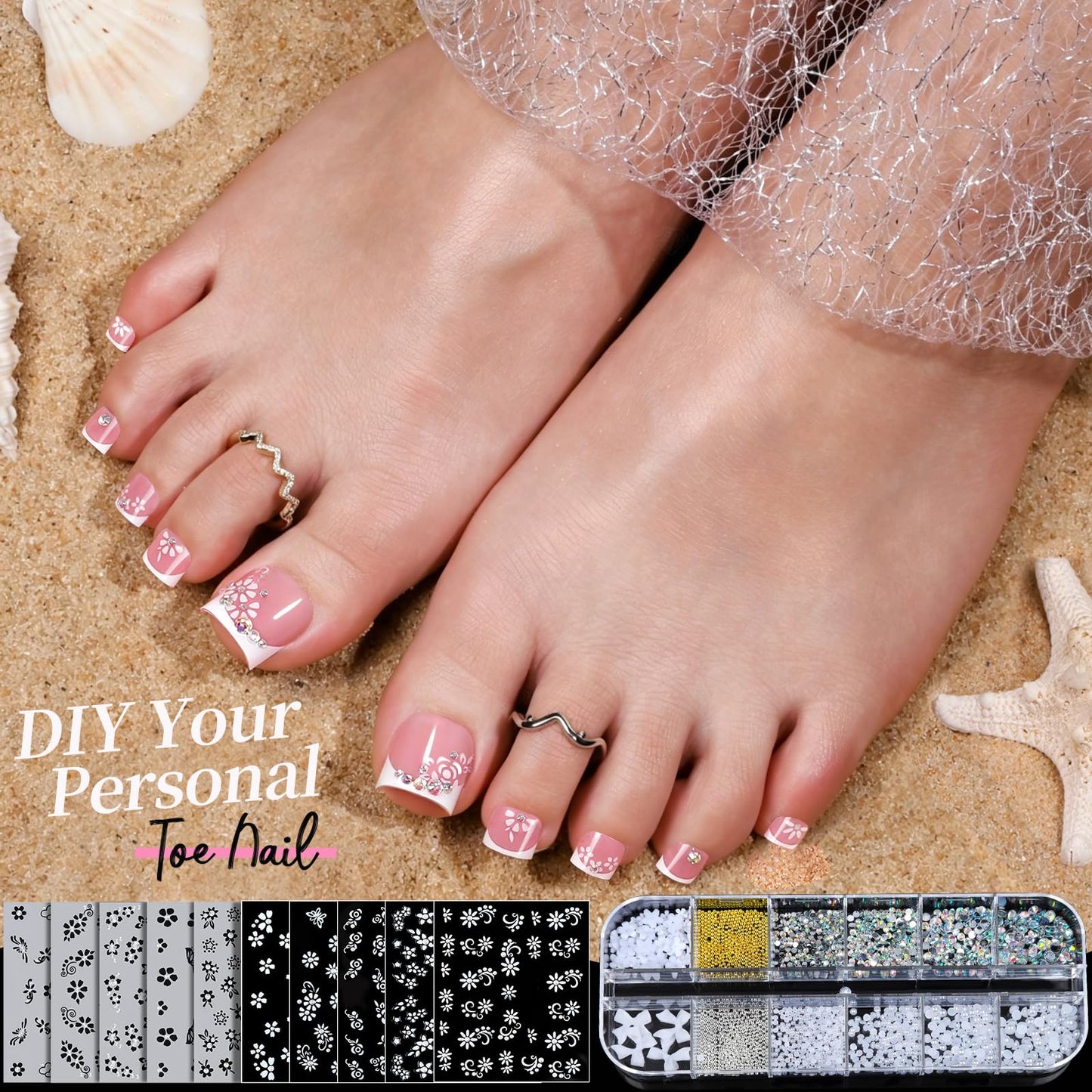 Teenitor Square Toe Nail Press Ons, 150pcs French Tip Press on Toenails with Nail Glue, Thick Toe Press on Nails Fake Toe Nails for Women, 15 Sizes Toe Nails Glue on with Nail Charms for DIY