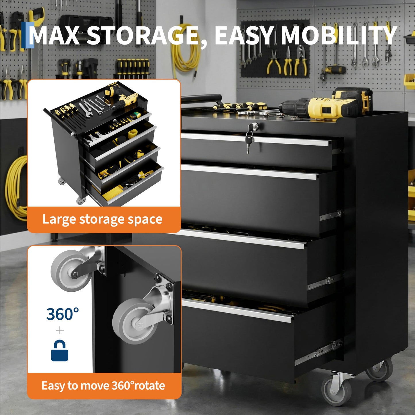 PeakPursuit 4-Drawer Rolling Tool Chest with Lock System, Portable Tool Box with Wheels, Secure Storage Cabinet for Warehouse, Workshop, and Repair Shop, Black