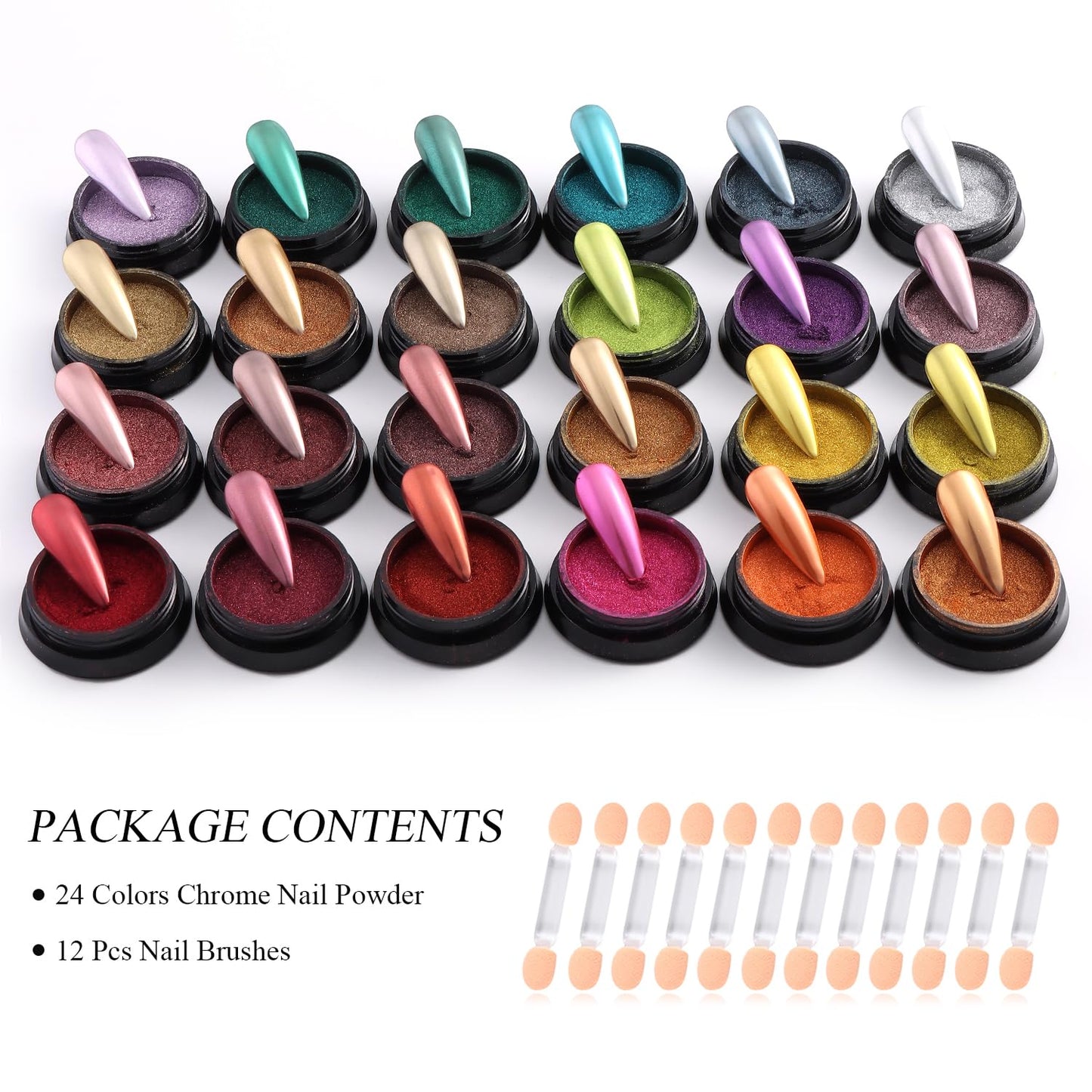 Furtherpretty Chrome Nail Powder Kit, 24 Colors Mirror Effect Metallic Chrome Powder For Nails Gold Silver Rose Pink Blue Purple Nail Glitter Pigment With Brushes Manicure Salon Supplies