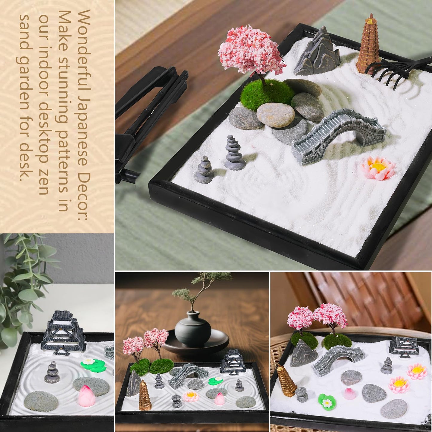 Bbiamsleep Zen Garden Kit for Desk, 9.8 x 7 Inch Mini Zen Sand Garden with 6 Tools, 23 Accessories for Home Office Desktop Japanese Decor