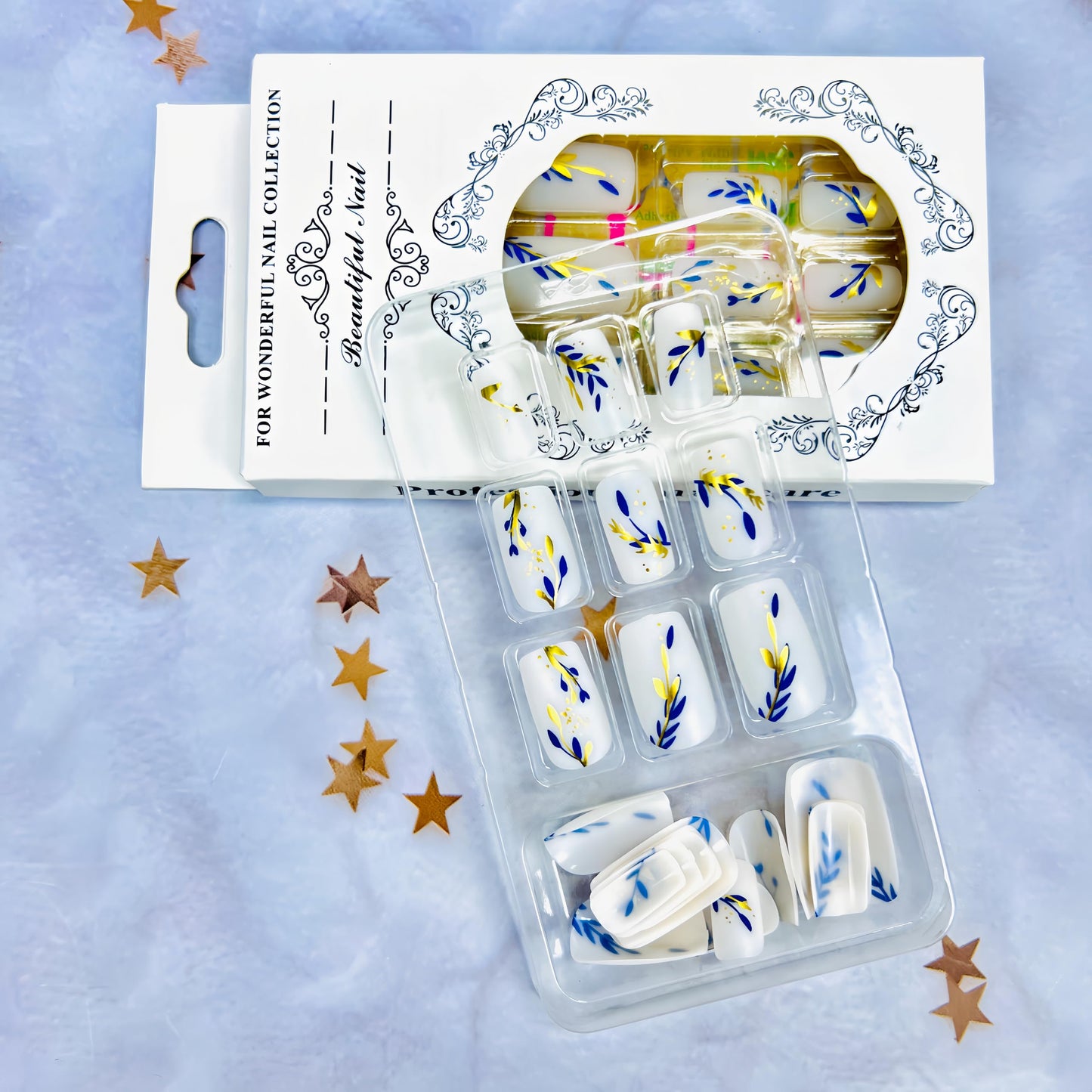 Gold Blue Leaves Press on Nails Medium Square Fake Nails Spring Summer White Matte False Nails Gold Foil Design Acrylic Glossy Artificial Fingernails Spring Stick on Nails for Women 24Pc
