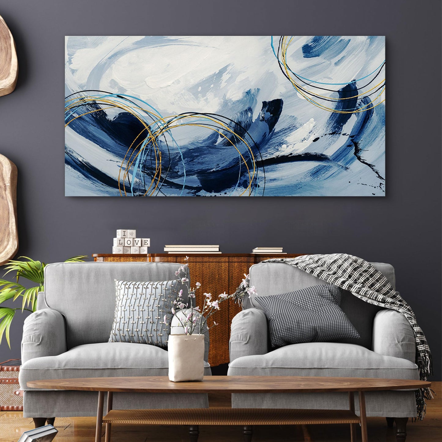 yiijeah Large Canvas Wall Art for Living Room - Blue and White Abstract Picture Framed Artwork for Walls Bohemian Minimalism Prints Paintsings Wall Decor for Office Bedroom 48x24 Inches