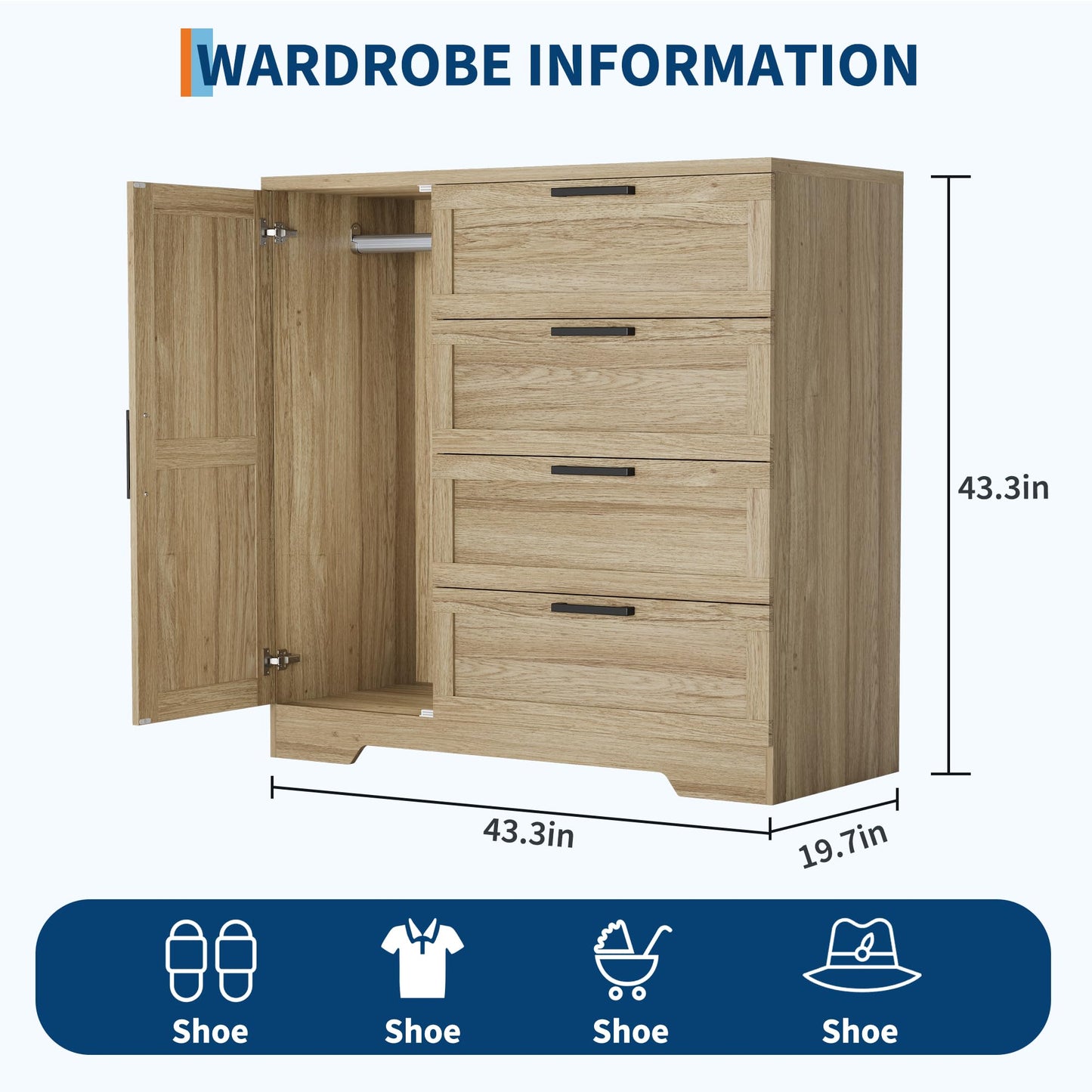 IDEALHOUSE 43.3'' H Armoire Wardrobe Closet with 4 Drawers and Hanging Rod, Multifunctional Wood 4 Drawers Dresser with Storage Closet, Clothing Storage Cabinets for Bedroom, Natural Oak