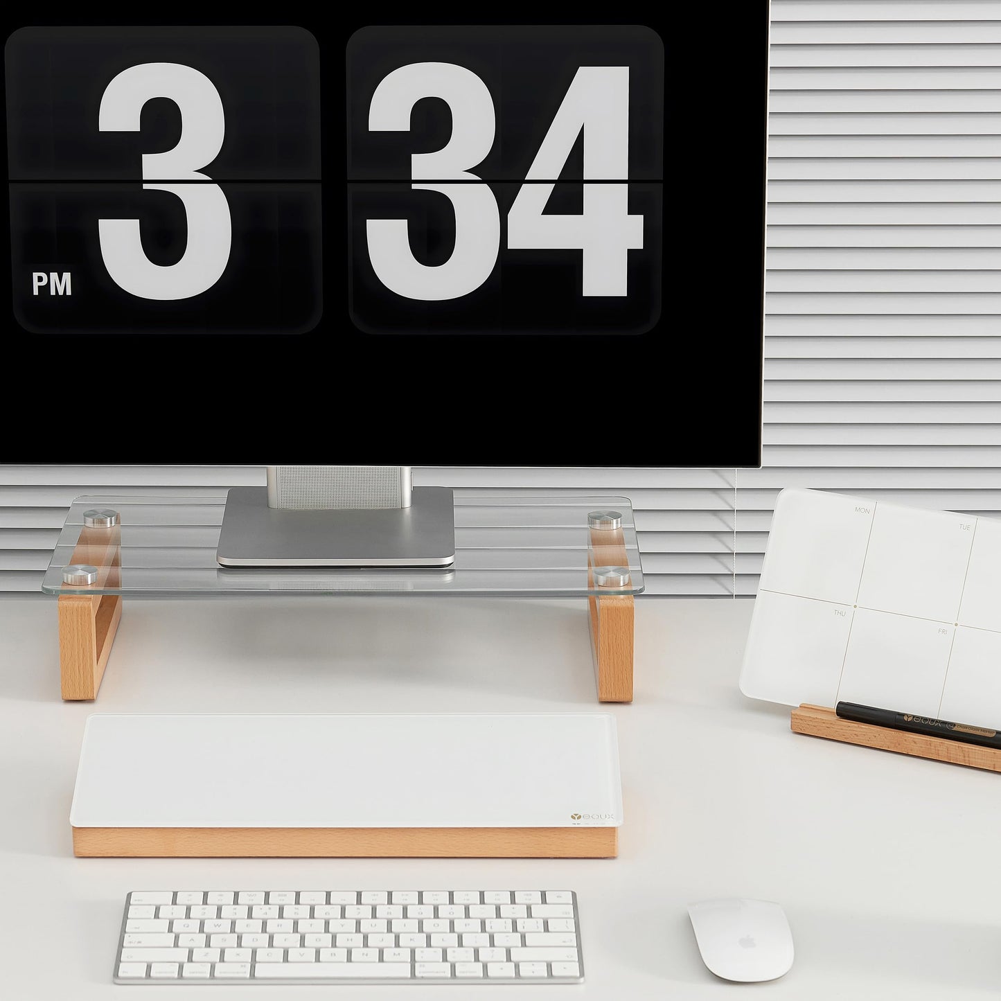 YEOUX Multi-Purpose Desktop Stand, Clear Floating Computer Monitor Riser with Natural Wood Base, Desk Organization Shelf for Printer, Laptop, Audio Device, Flat Screen