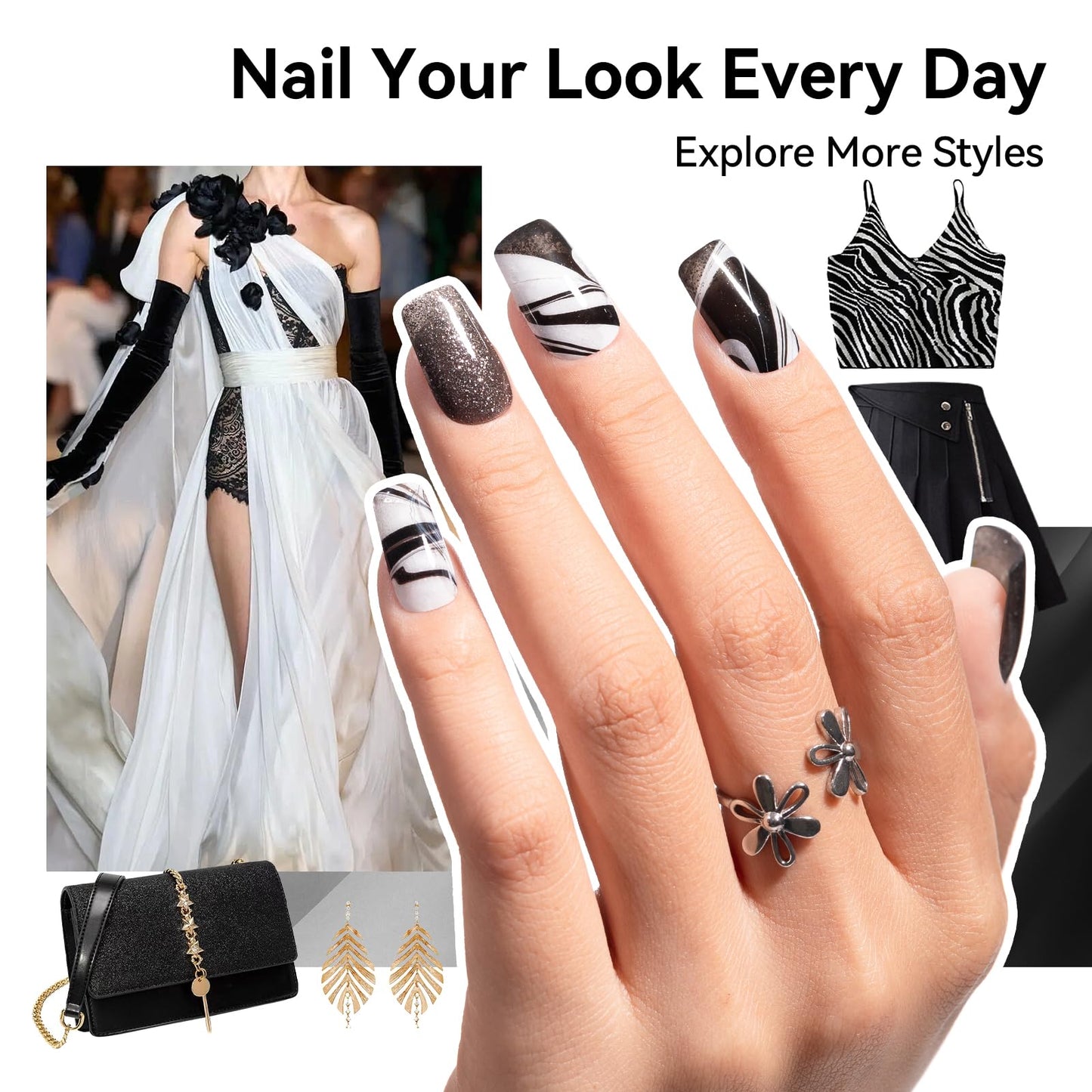 Nailshion Nail Polish Set 6 Colors Black White Silver Gray Sparkle Cat Eye Glitter Shimmer Nail Polish Kit with Magnet, Quick Air Dry Non Gel, Nail Art DIY Home Travel Manicure Gift for Women Girls