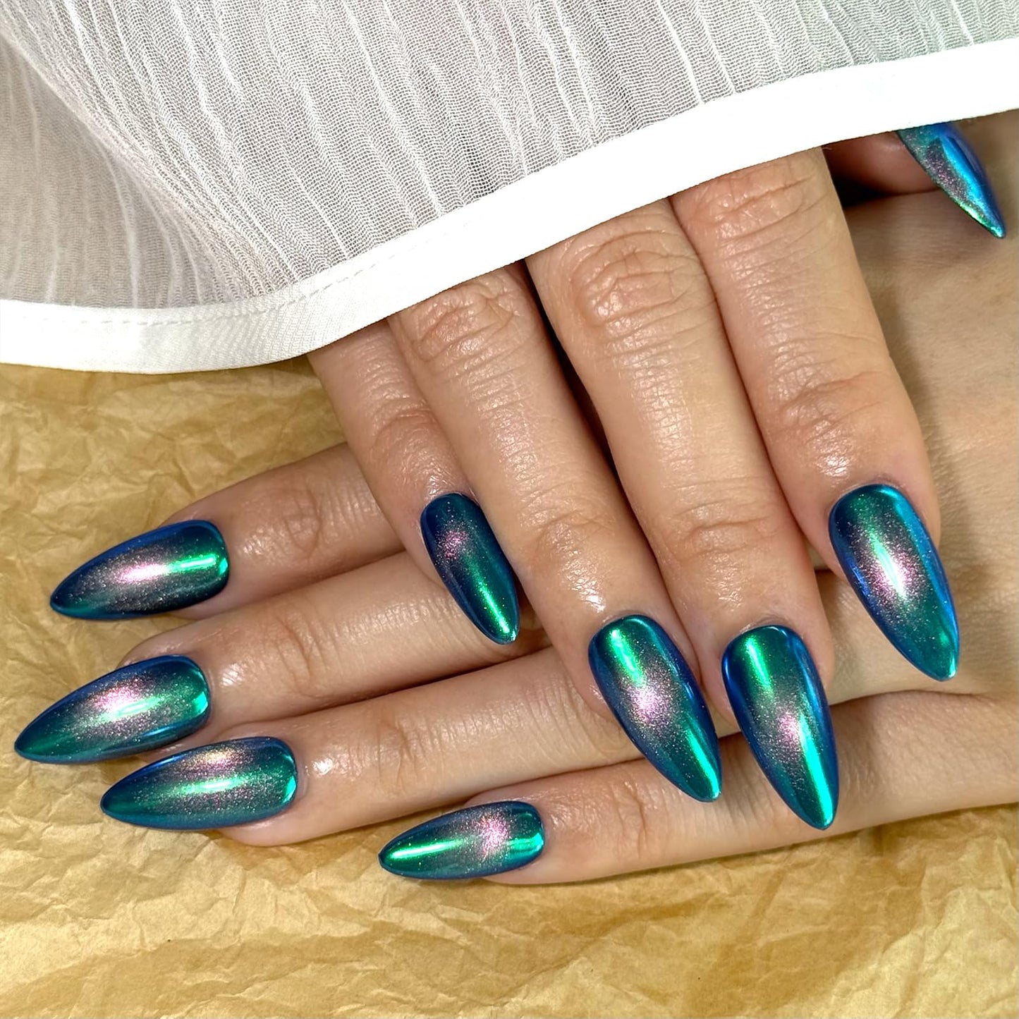 Metallic Punk Green Almond Press on Nail Short,Chrome Magic Mirror Effect Green Silvery Fake Nails, 10Pcs Nail Kit for Women and Girls.