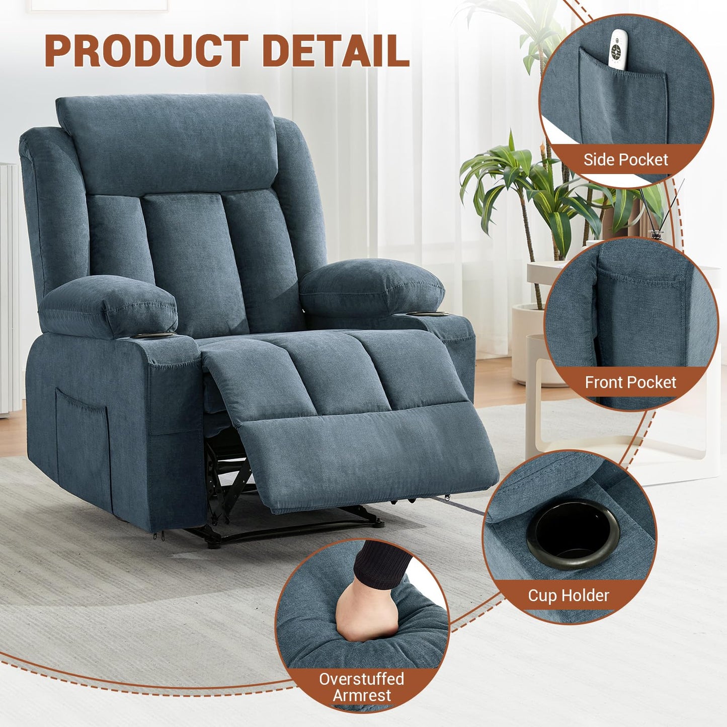 IDEALHOUSE Recliner Chair with Massage and Heat, 37.4" Oversized Recliner with Vibration Massage and Side Pocket, Reclining Chair for Living Room, Bedroom, Blue