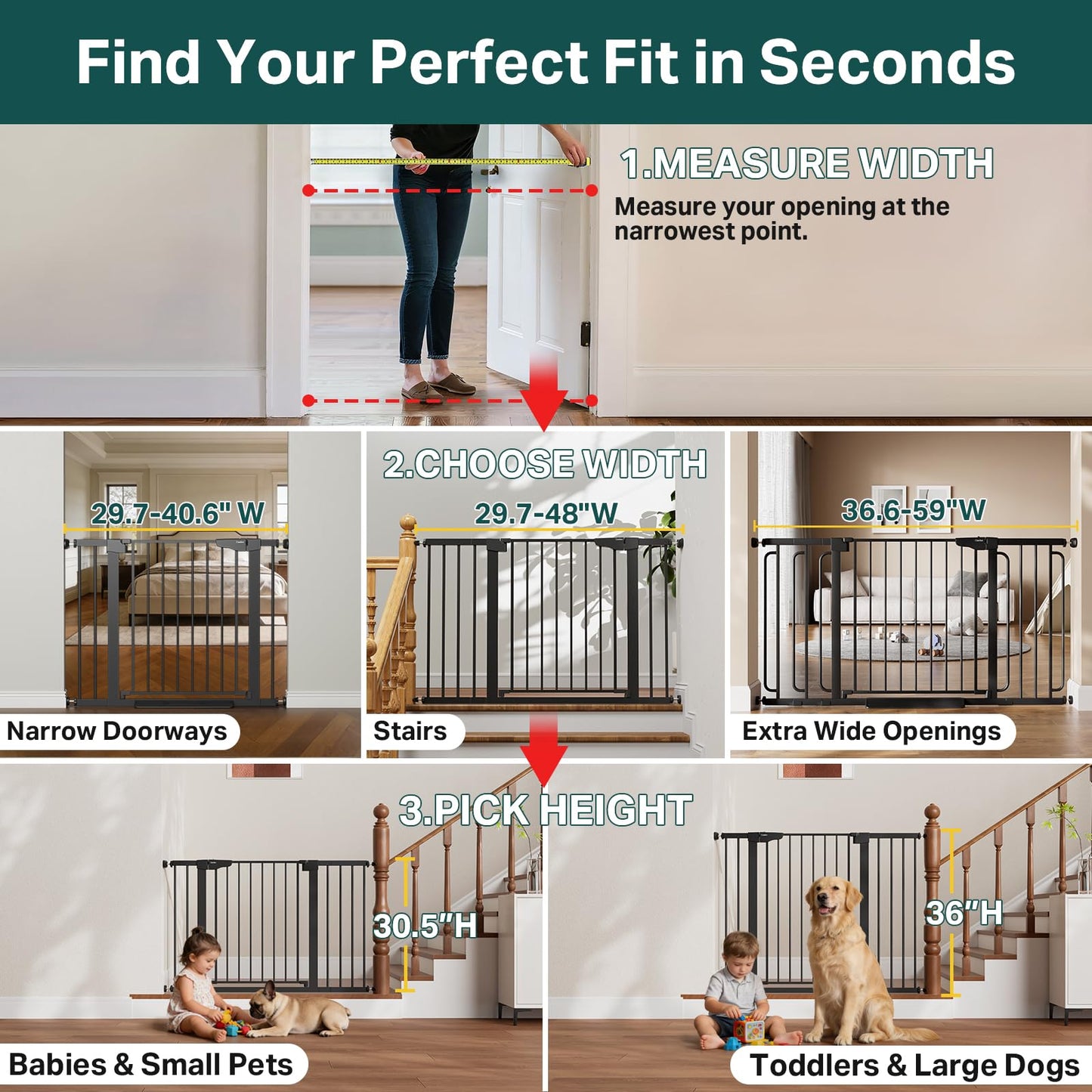 Cumbor 29.7-40.6" Baby Gate for Stairs, Mom's Choice Awards Winner-Dog Gate for Doorways, Pressure Mounted Auto-Close Pet Gates for Dogs Indoor, Safety Child Gate with Easy Walk Thru Door, Black
