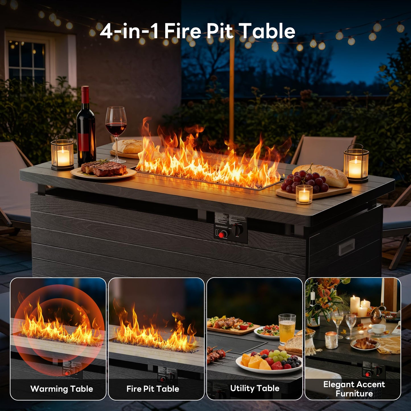 50” Outdoor Propane Fire Pit Table, 50,000 BTU Rectangular Gas Fire Pit with Lid & Blue Crystal Stones, Steel Tabletop, Adjustable Flame, 4-in-1 FirePit Table for Patio, Backyard, Outdoor Gatherings