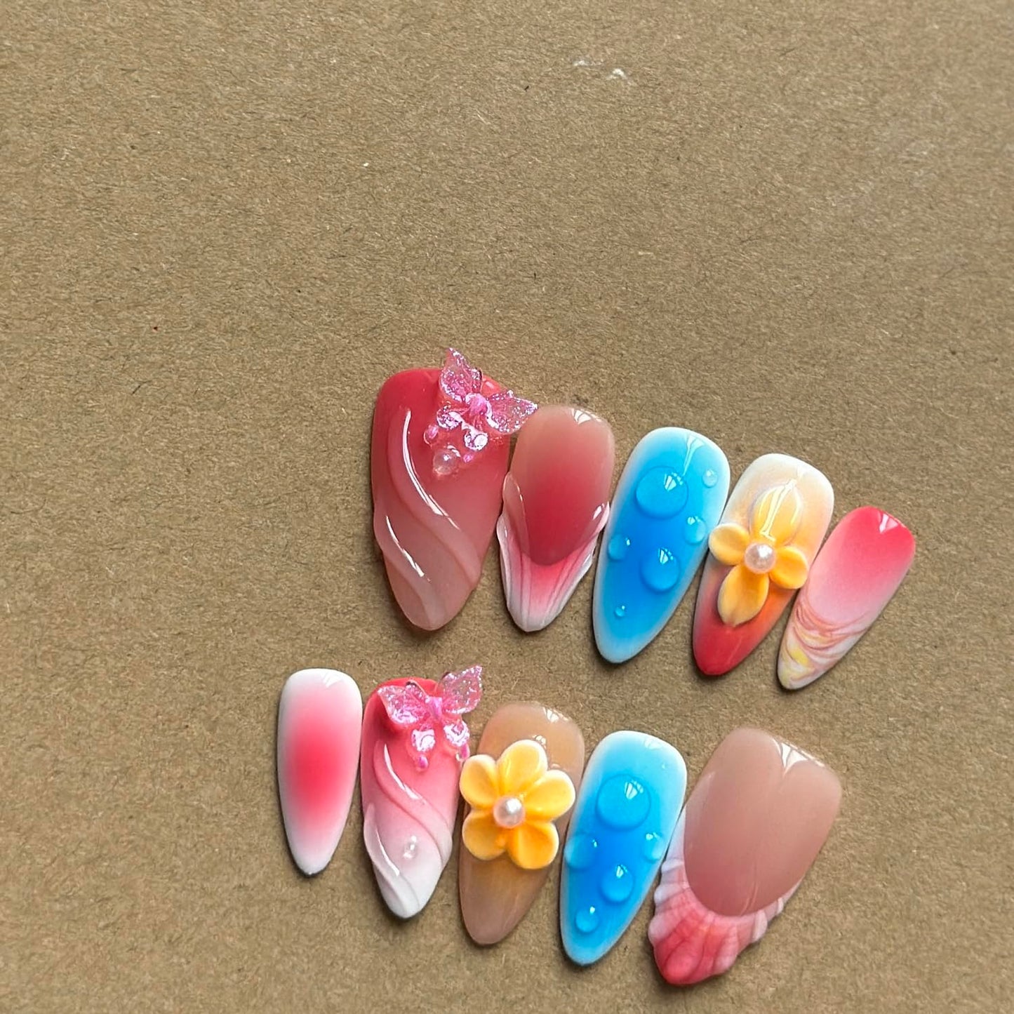 Luxury Press on Nails Medium Almond Handmade 3D Unique Reusable ABS Material Fake Nails Pink&Blue False Nails with Designs Butterfly Yellow Flower Art Petal Glossy Glue on Thick Acrylic Nails(M)