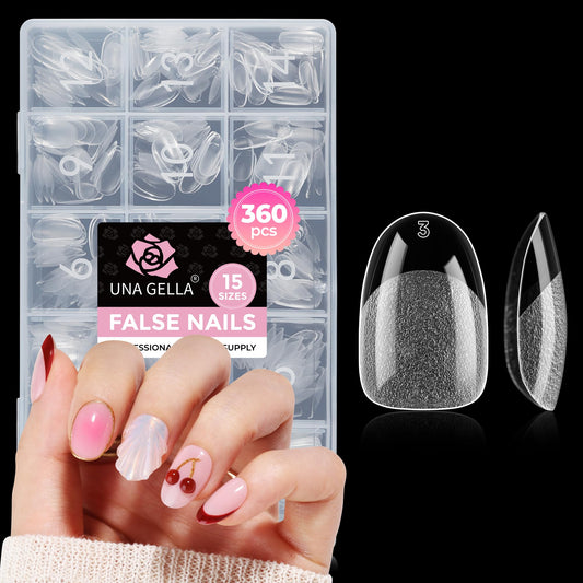 UNA GELLA Short Oval Round Nail Tips 360Pcs Pre-shaped Half Matte Oval Gel Nail Tips Full Cover Oval Round Press on Nails Clear Acrylic Fake Nails for Nail Extensions Home DIY Salon 15 Sizes