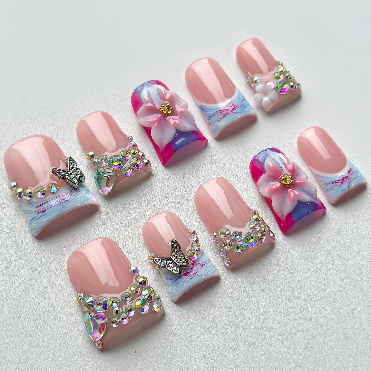 Luxury Press on Nails Short Duck Handmade 3D Unique Reusable ABS Material Fake Nails French Tip False Nails with Designs Flower Butterfly Blue Pink Glossy Glue on Nail Thick Acrylic Nail(S)