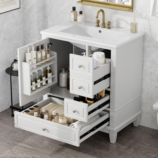 30" Bathroom Vanities with Ceramic Sink, Storage Cabinet with 3 Drawers and Door Shelf, Soft-Closing Door, Solid Wood Legs, White