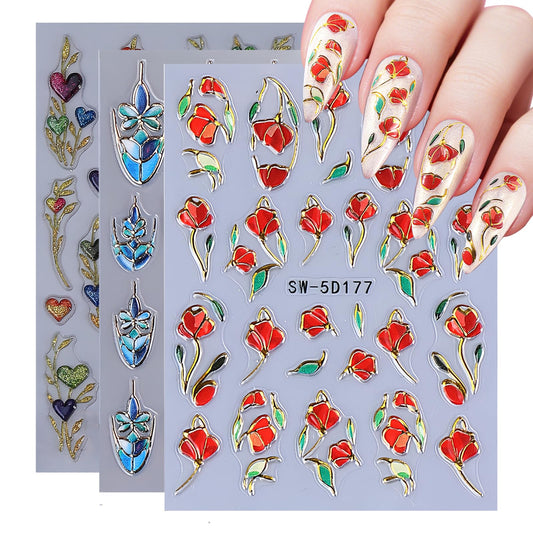 3 Sheets Flower Nail Stickers for Nail Art Spring Nail Decals 5D Self-Adhesive Coloful Floral Heart Nail Design Summer French Line Nails Supplies for Women Girls DIY Nail Art Decor