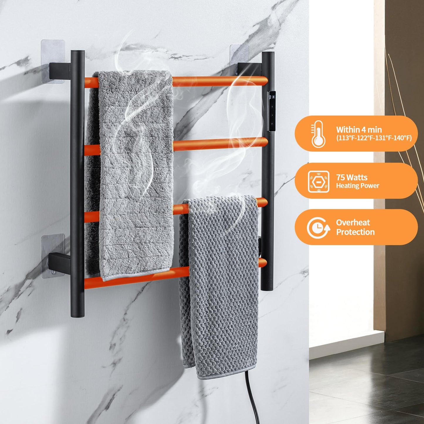 Heated Towel Racks,4 Bars Towel Warmer Rack for Bathroom, Wall Mounted Electric Towel Warmer with Timer, Plug-in/Hardwired Towel Dryer Rack Matte Black