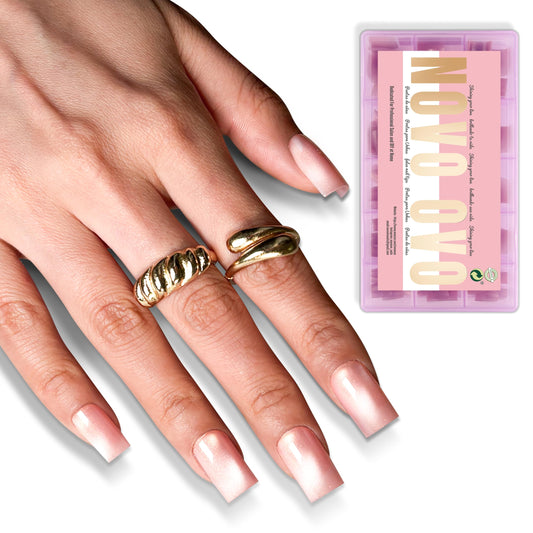 NOVO OVO Short Square Nail Tips 150Pcs Cat Eye, Light Pink Sharp Square Gel X Nail Tips, Glossy Finished with Top Coat, Full Cover Fake Nails No C Curve for Home DIY Typing Scenario, 15 Sizes