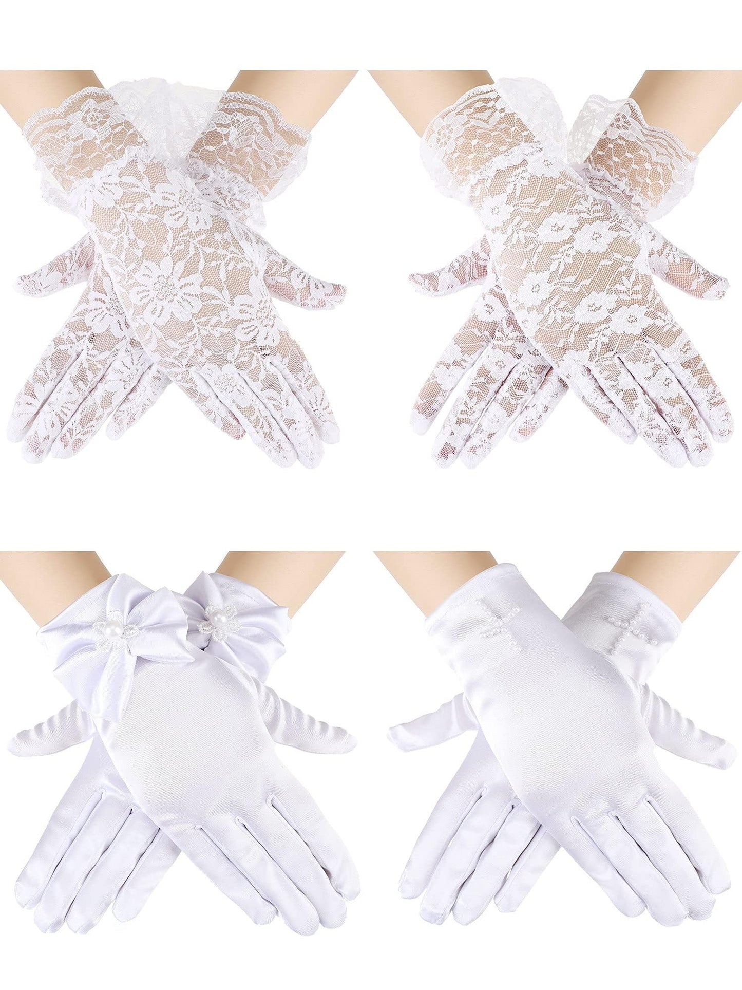4 Pairs Tea Party Gloves for Little Girls Kids Lace Short White Satin Princess Dressing Gloves with Bows for Party