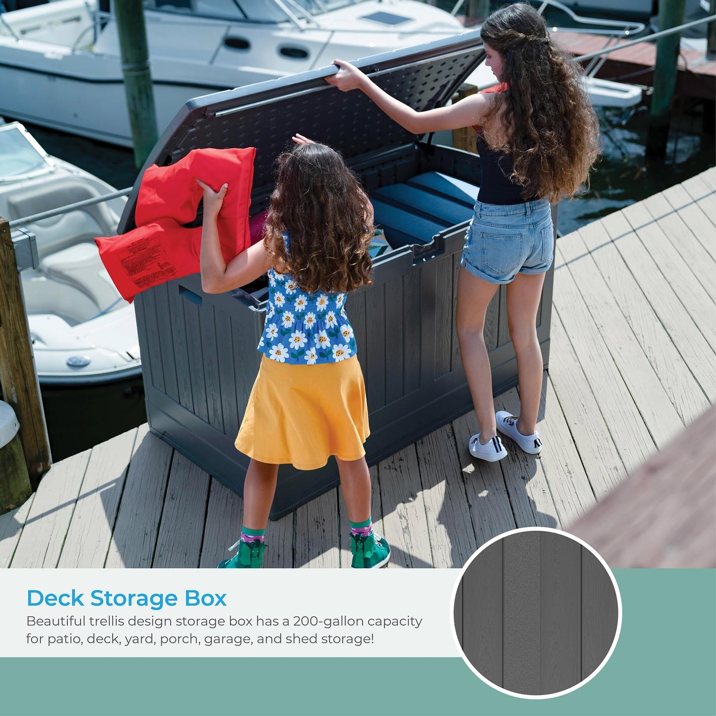 Suncast Extra Large 200 Gallon Deck Box - Resin Outdoor Storage Box for Patio Cushions, Outside Toys, Garden Tools & Pool Supplies, Weatherproof Lockable Outdoor Storage Bin, Peppercorn
