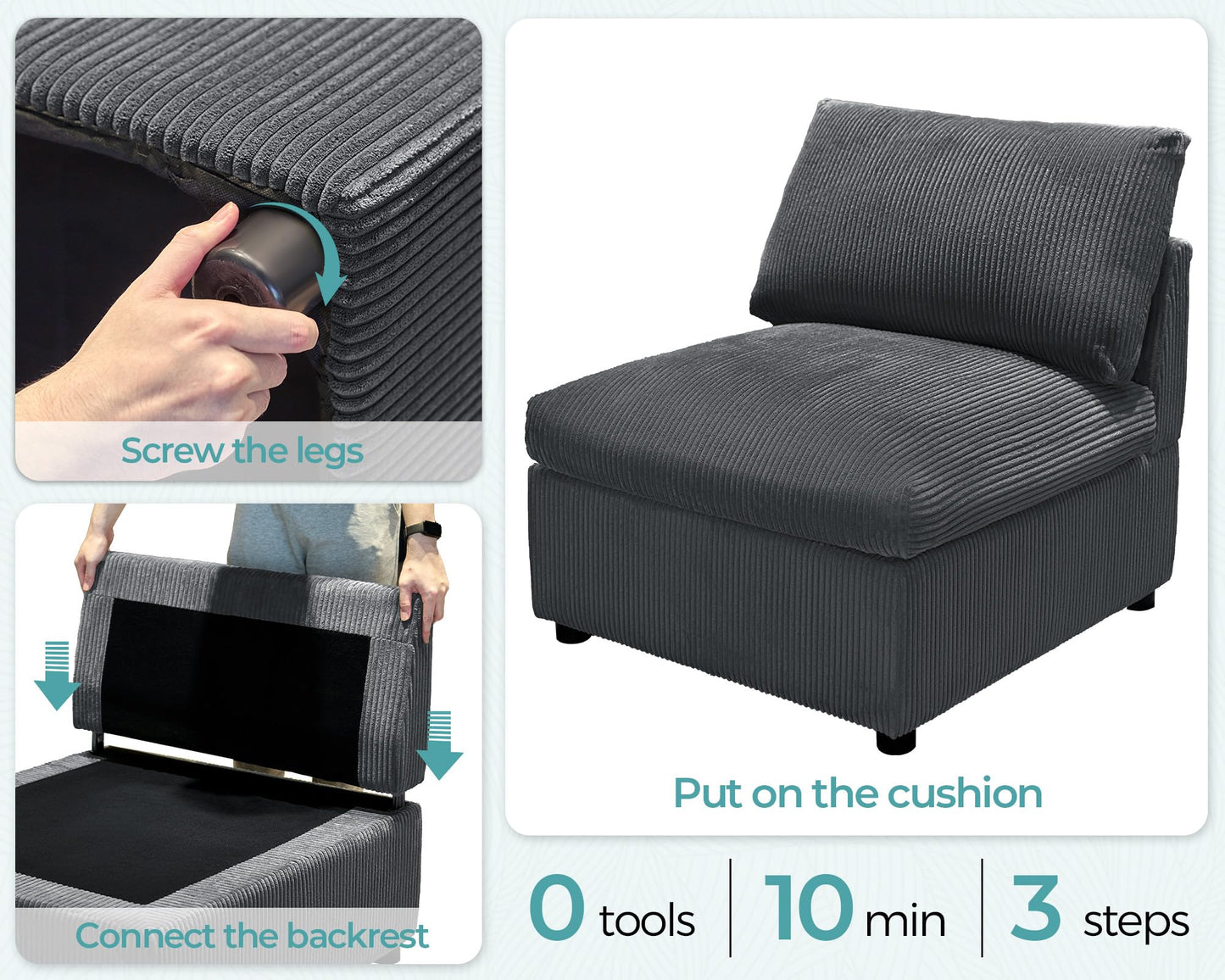Jocisland Oversized Modular Sectional Sofa with 32" Deep Seat, 6 Seater Sectional Couch, Modular Sofa for Living Rooms, Tool-Free Assembly, Flexible Modular Couch Layout-Corduroy Gray