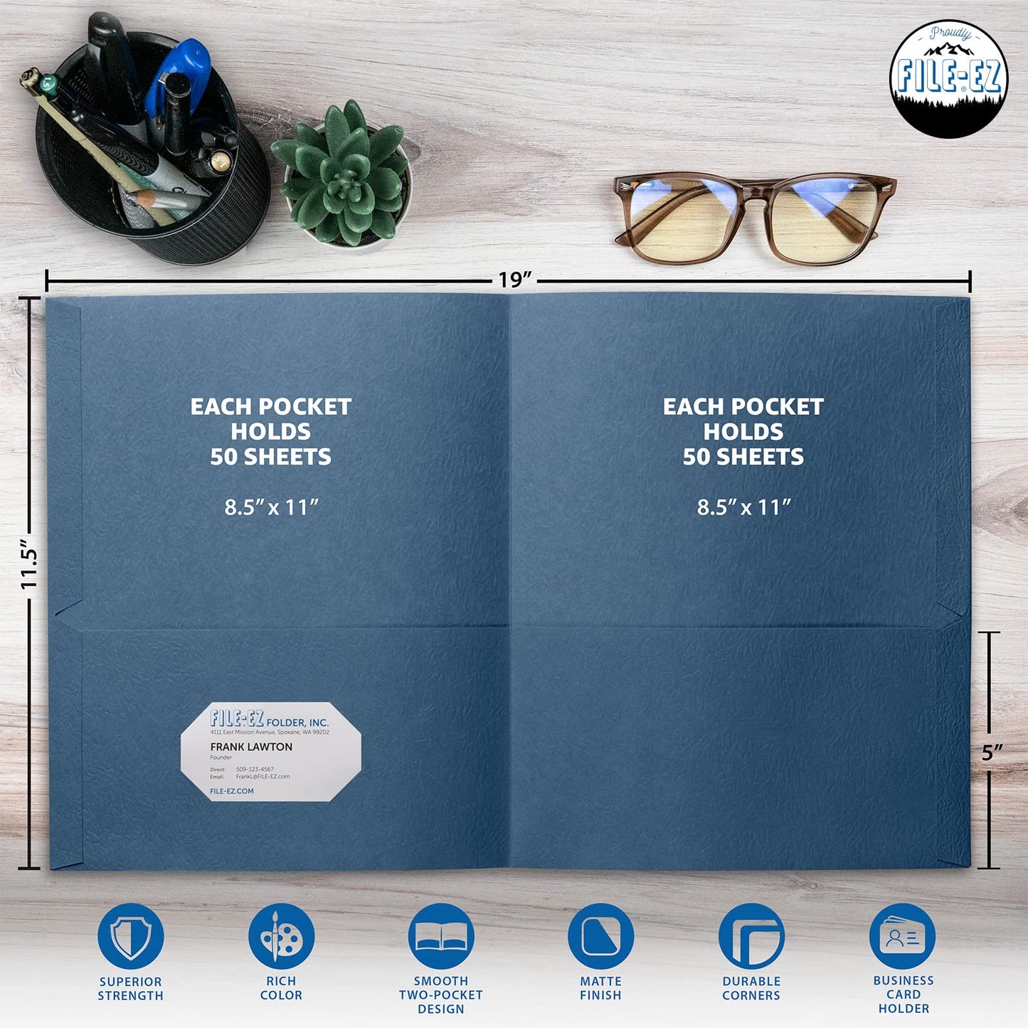 FILE-EZ Two-Pocket Folders, Dark Blue, 125-Pack, Textured Paper, Letter Size (EZ-32423)