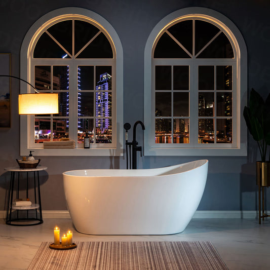 WOODBRIDGE 59" Acrylic Freestanding Bathtub Contemporary Soaking White Tub with Brushed Gold Overflow and Drain，B1530-BG-Drain&O
