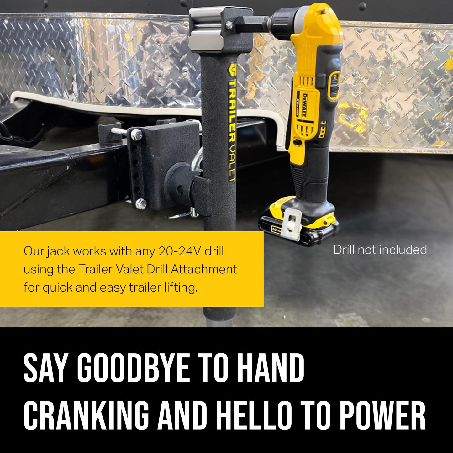 Trailer Valet Side Mount Trailer Jack with Drill-Powered Operation and Wheel Attachment, 5,000 LB Static Capacity, Wrinkle Black Finish, Manual Crank and Drill Adapter Included