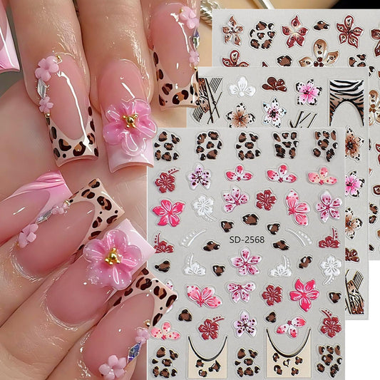 French Leopard Print Flower Nail Art Stickers 3 Sheets 5D Embossed Orchid Lily Cherry Blossom Floral Wild Leopard Print Press On Nails Decals Nail Charms Japanese Style Decorations Nail Stuff