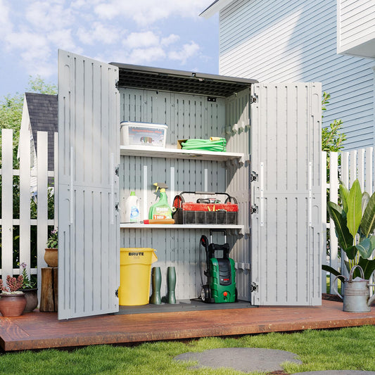 Aoxun White Resin Outdoor Storage Shed with 2 Shelves & Floor, 64 Cu.Ft Vertical Waterproof Cabinet for Garage, Pool, Bike, Garden Tools, Patio Furniture