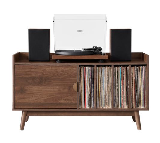 Crosley Furniture Skylar Mid-Century Record Player Cabinet with Vinyl Storage, Turntable Stand for Records, Walnut