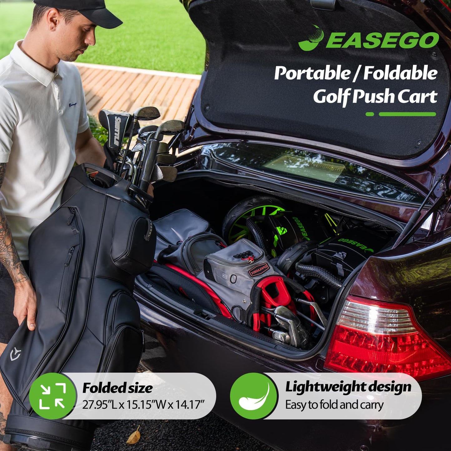 EASEGO Golf Push Cart 3 Wheel : Golf Bag Cart Foldable with Phone/Cup/Umbrella Holder Compact Golf Pull Carts Quick Fold Golf Caddy Push Carts with Large Wheelbase for Different Terrain (Lemon Green)