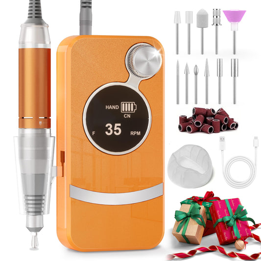 Electric Nail Drill Professional, Portable Rechargeable 35000 RPM - Cordless Electric Nail File Machine Kit for Acrylic Gel Polishing Removing, Manicure at Home DIY & Salon (Orange)