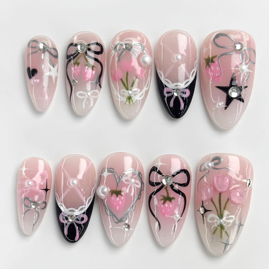 30Pcs Spring Summer Press on Nails Medium Almond Black French Tip Fake Nails with Pearl Rhinestones Designs 3D Flower Bow Heart False Nails Pink Strawberry Cute Star Glossy Acrylic Nails Set for Women