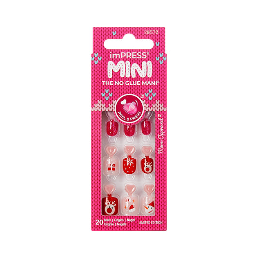 KISS imPRESS MINI Holiday Press On Nails for Kids, ‘Cozy’, Red, Child Size, Squoval Shaped, Mess-Free, Mom Approved, Non-Toxic, Breakaway Application Tabs, Nail File, 20 Fake Nails