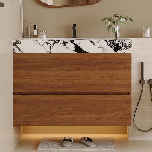 KEIKI 29.9" Bathroom Vanity with Undermount Sink Combo, Modern Floating Vanity Cabinet with 2 Drawers & Open Side Shelves, Storage Wall Mounted Cabinet for Small Space, Walnut Marbe