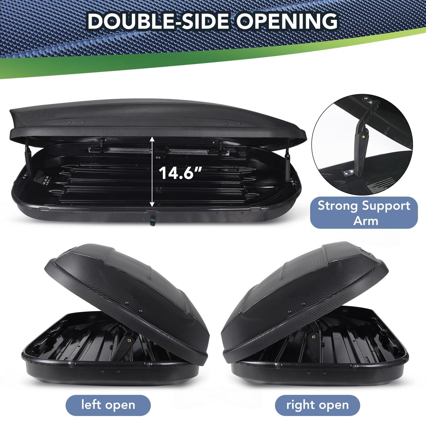 Dual-Side Opening Rooftop Cargo Box Carrier, Hard-Shell Roof Mount Luggage Storage with 165 lbs Capacity, Secure Straps and Keys, Black