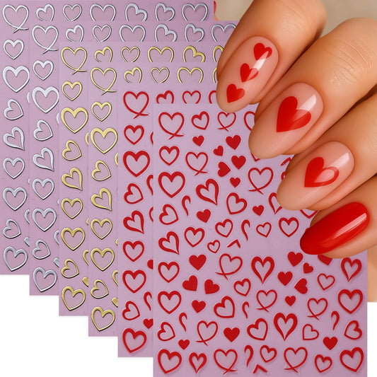 6 Sheets Heart Nail Art Stickers Valentines Nail Decals Self-Adhesive Red Silver Gold Peach Hearts Nails Stickers Hollow Heart Love Sticker Nail Supplies for Women Holiday Acrylic Nails Decoration