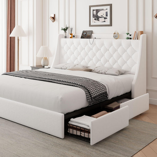 Feonase Upholstered Queen Size Bed Frame with 4 Storage Drawers, Charging Station, Tufted Wingback Storage Headboard, No Box Spring Needed, Easy Assembly, White