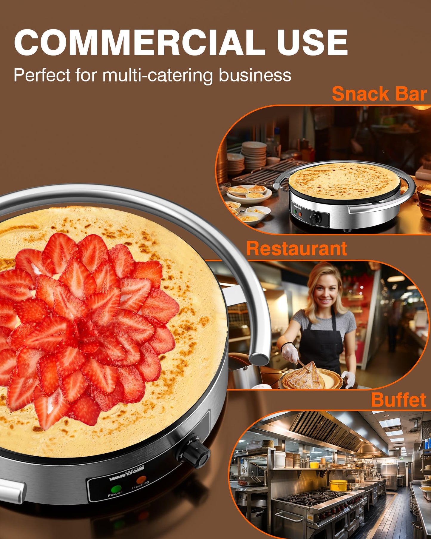 WantJoin Commercial Electric Crepe Maker 16 Inch 110V Non-Stick 1700W Electric Crepe Machine Adjustable Temperature Control 403 Stainless Steel Cooking Base 1700W