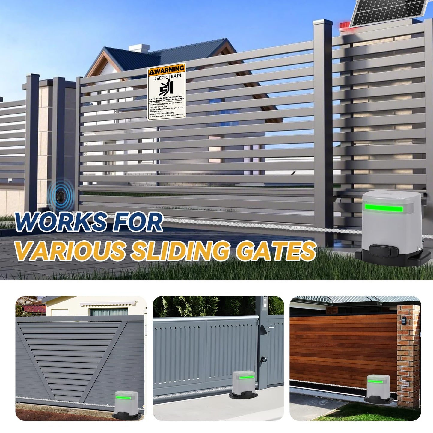 1300lbs Solar Sliding Gate Opener Chain Drive with Built-in Backup Battery, WiFi Remote Control, IR Sensor, Automatic Gate Motor for Heavy Driveway Slide Gates, Off-Grid Operation with Solar Panel
