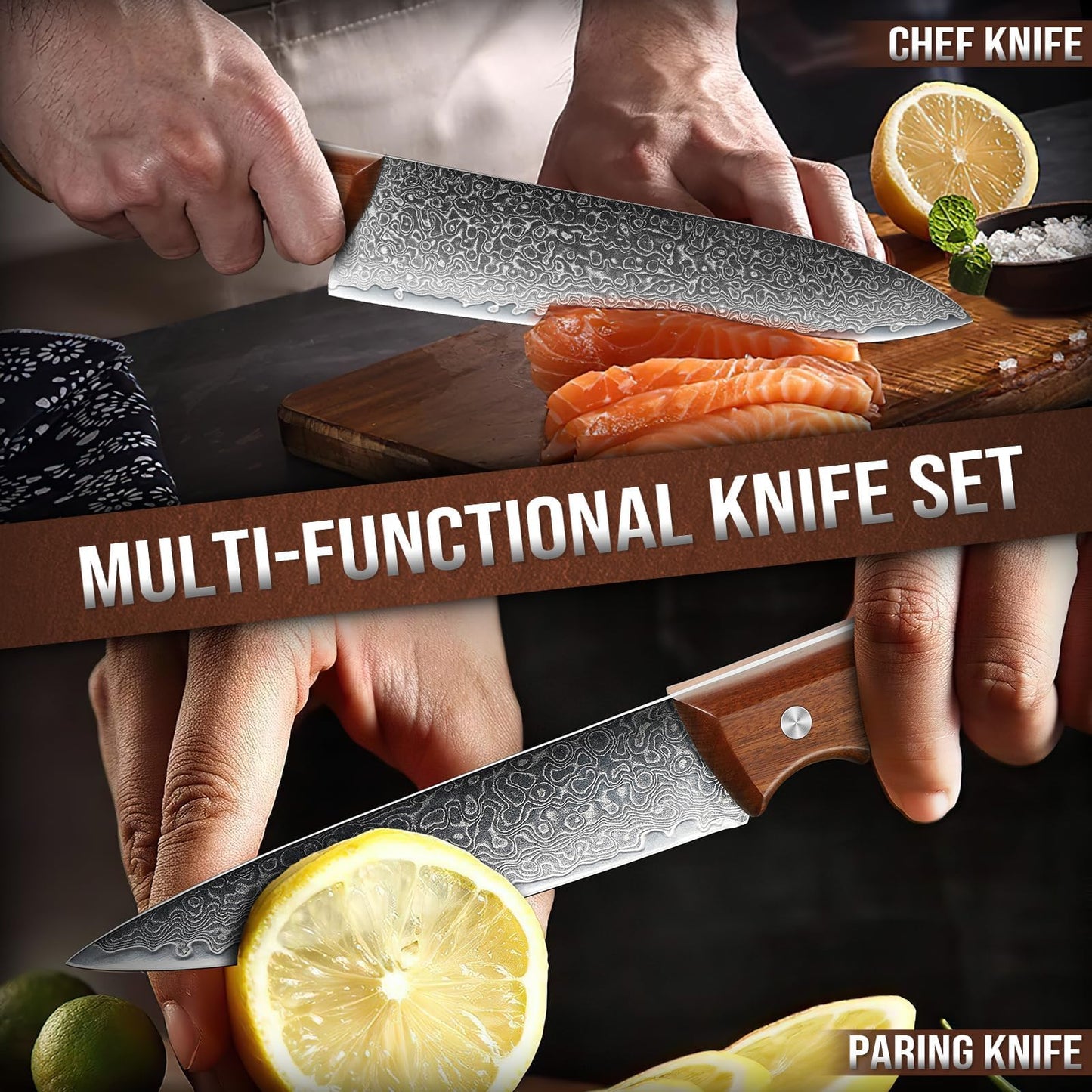 DRAGON RIOT Damascus Chef Knife Set, 2pcs VG10 Professional Kitchen Knife Set, Ultra Sharp Blade & Ergonomic Wooden Handle, Full Tang Forged Damascus Steel Kitchen Cooking Knife Set with Gift Box