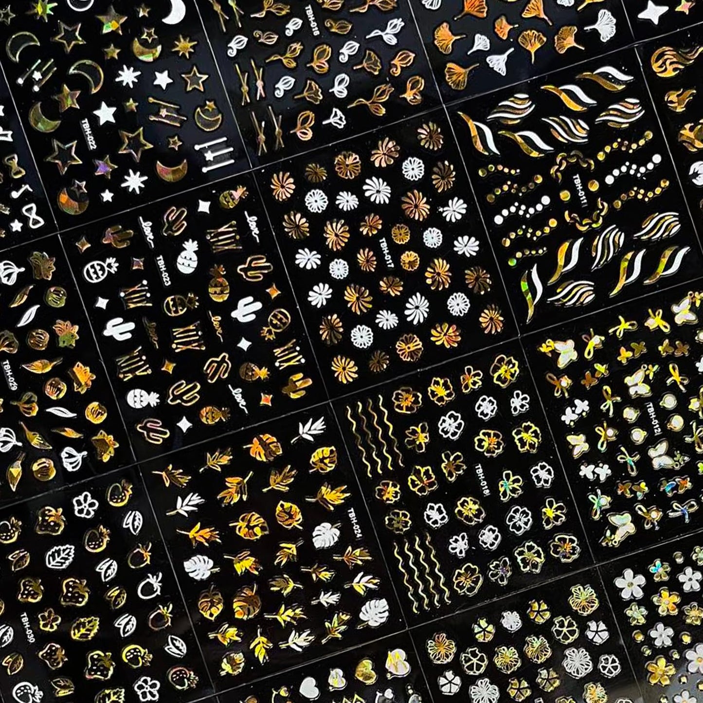 30 Sheets Gold Nail Art Stickers Bronzing Gold Flower Leaf 3D Self-Adhesive Nail Stickers Star Love Design Laser Nail Decals Acrylic Nail Supplies for Women Nail DIY Decoration